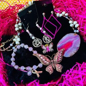 Breast Cancer Vibrant Pink and White Jewelry Set #83